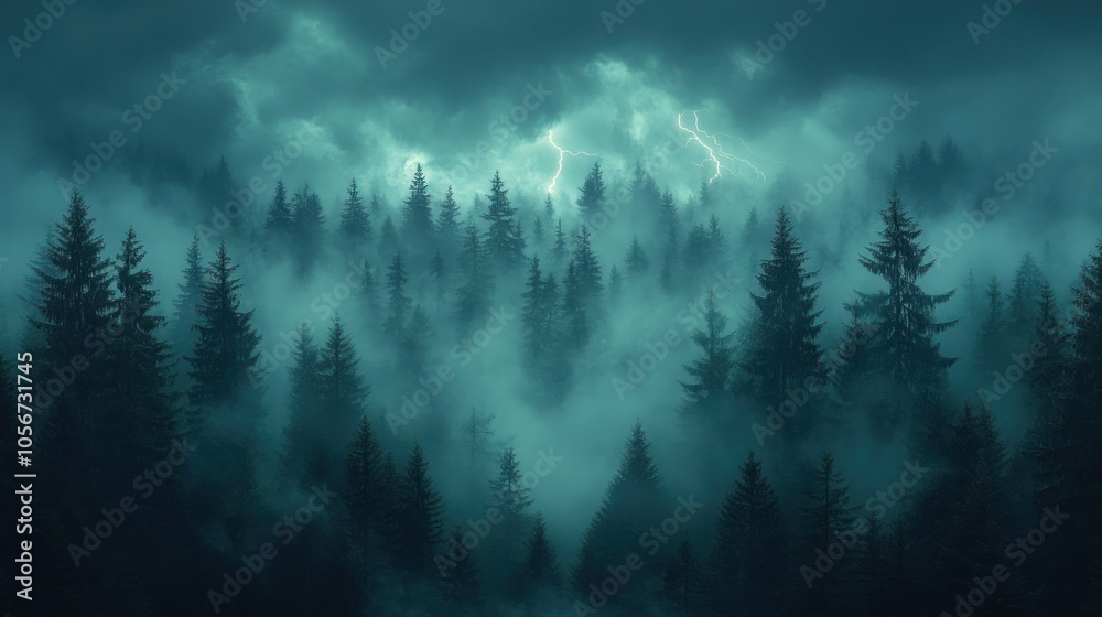 Dark, misty forest landscape illuminated by lightning. Dark, misty forest landscape illuminated by lightning.
