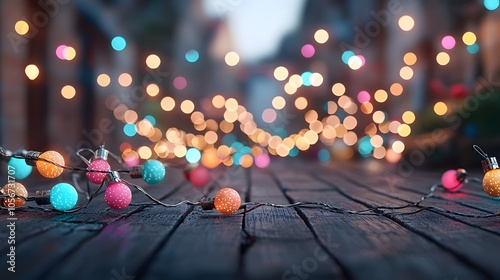 Colorful String Lights Create a Magical Atmosphere on a Vibrant, Charming Street at Dusk. Festival of Lights Concept photo