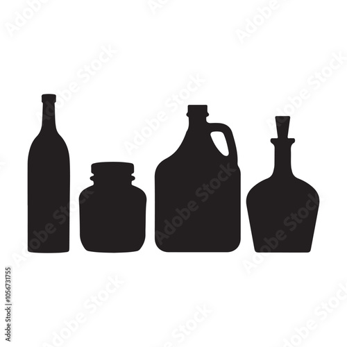 Isolated on white, a transparent set of wine bottles includes a single bottle and glass, ideal for showcasing a red drink at a bar with its cork