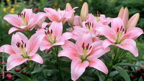 Delicate pink lilies, accented by pomegranate seeds, beautifully arranged with a soft-focus effect, perfect for ornamental floral concepts.