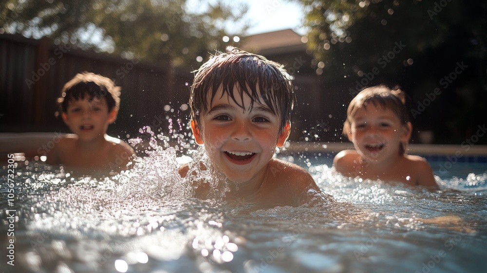 Three Boys Splashing in a Swimming Pool on a Sunny Day Three Boys Splashing in a Swimming Pool on a Sunny Day
