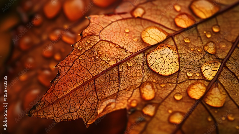 Obraz premium Close-up of an autumn leaf with water droplets highlighting its veins.