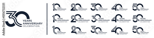 collection anniversary 10 to 50 year logo designs. abstract number for celebration event, wedding, greeting card, and invitation, vector illustration