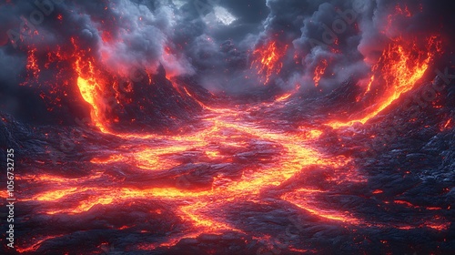 A fiery, apocalyptic landscape with molten lava flowing through a desolate wasteland beneath a stormy sky.