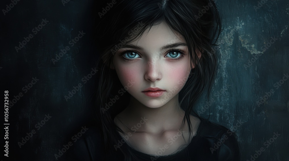 A detailed digital painting of a charming girl with bright eyes, set against