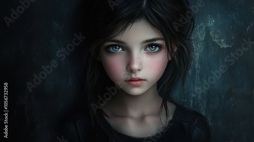 A detailed digital painting of a charming girl with bright eyes, set against