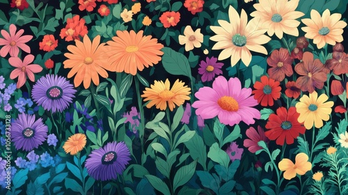 A detailed PNG illustration of a garden scene filled with a mix of colorful flowers