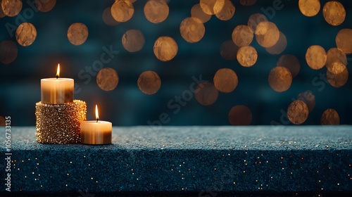 Soft Glows of Candles Illuminate a Serene Table Amidst a Dreamy Background of Twinkling Lights. Festival of Lights Concept photo