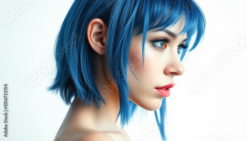 A woman with blue hair and red lips