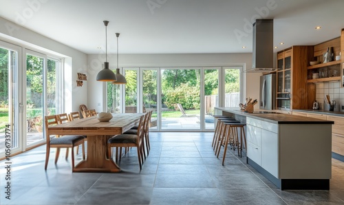 Spacious modern kitchen with dining area and natural light