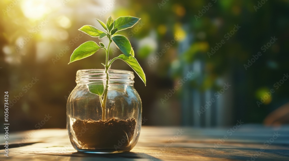 A glass jar containing a young flower seedling, with warm sunlight enhancing