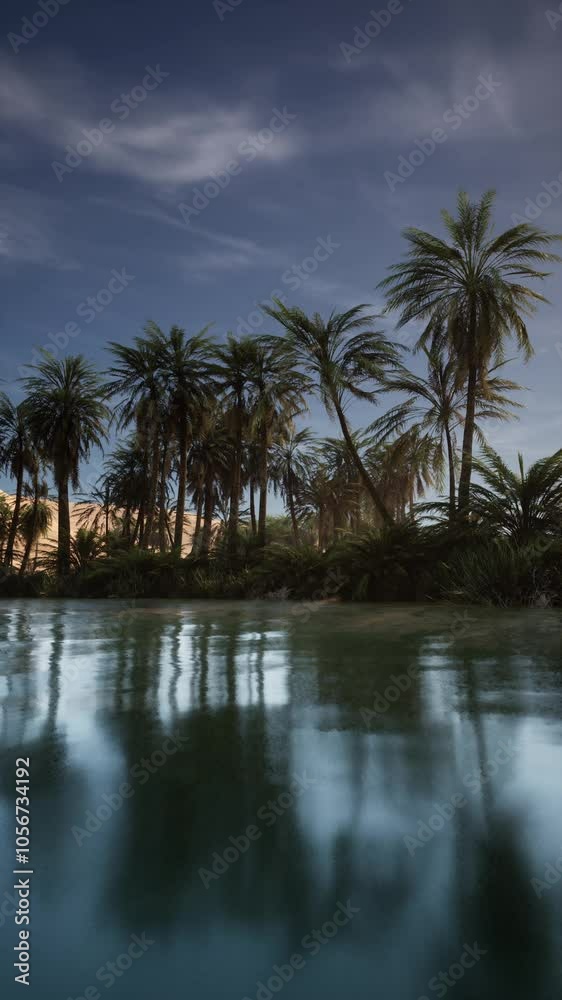 Palm trees line the shore of a tropical body of water under a clear sky. Palm trees line the shore of a tropical body of water under a clear sky.