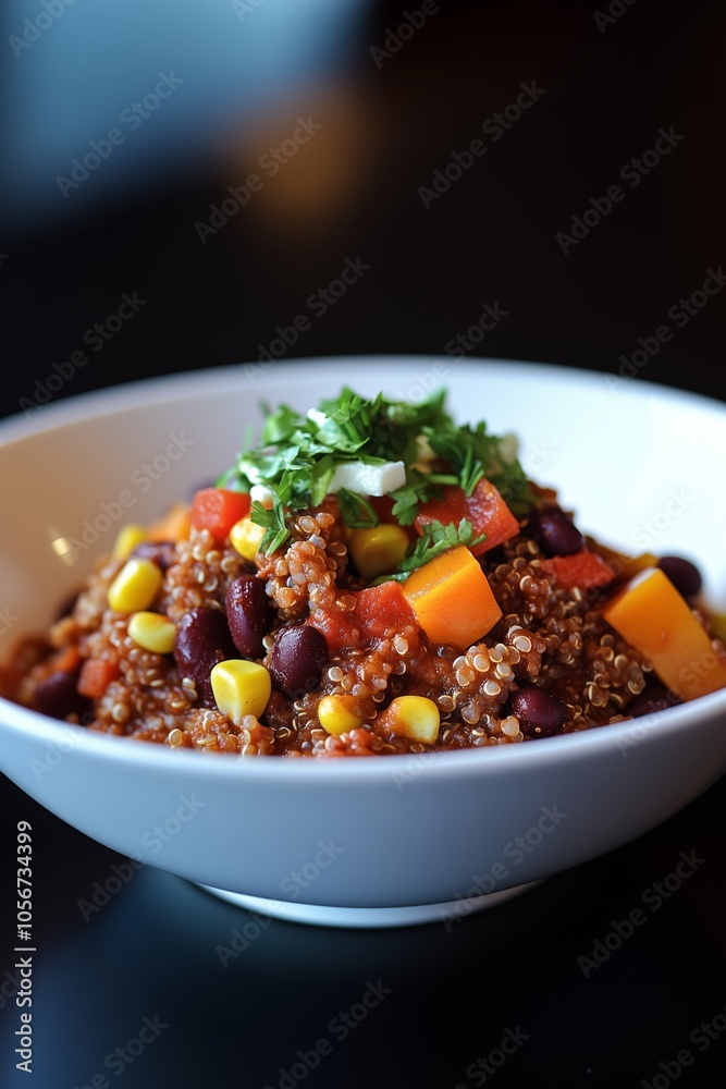 Delicious quinoa bowl with vegetables and beans served in a white bowl against a dark background Delicious quinoa bowl with vegetables and beans served in a white bowl against a dark background