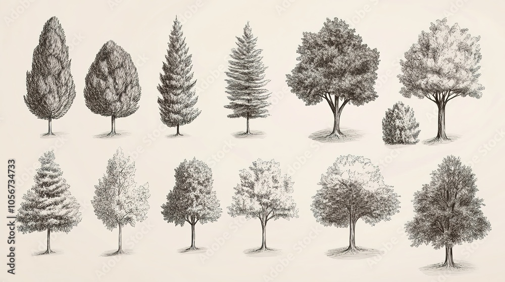Fototapeta premium Monochrome vector illustrations of coniferous trees, showcasing a variety of shapes and sizes. These elegant designs highlight the unique characteristics of evergreens,
