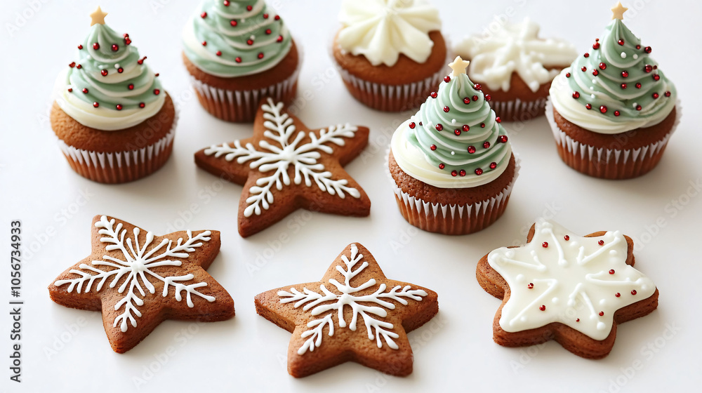 Christmas-themed cupcakes decorated as trees with frosting and star-topped cookies featuring intricate snowflake designs, creating a festive holiday dessert spread. Christmas-themed cupcakes decorated as trees with frosting and star-topped cookies featuring intricate snowflake designs, creating a festive holiday dessert spread.