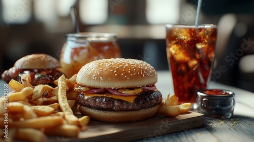 3D Illustration of a Cheeseburger, Fries and Drink on a Wooden Tray