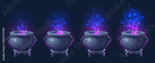 Mystical cauldrons with blue and purple glowing smoke on black background. Cartoon Halloween pot animation stages with brewing potion radiating magical sparkles and steam with spooky monster face.