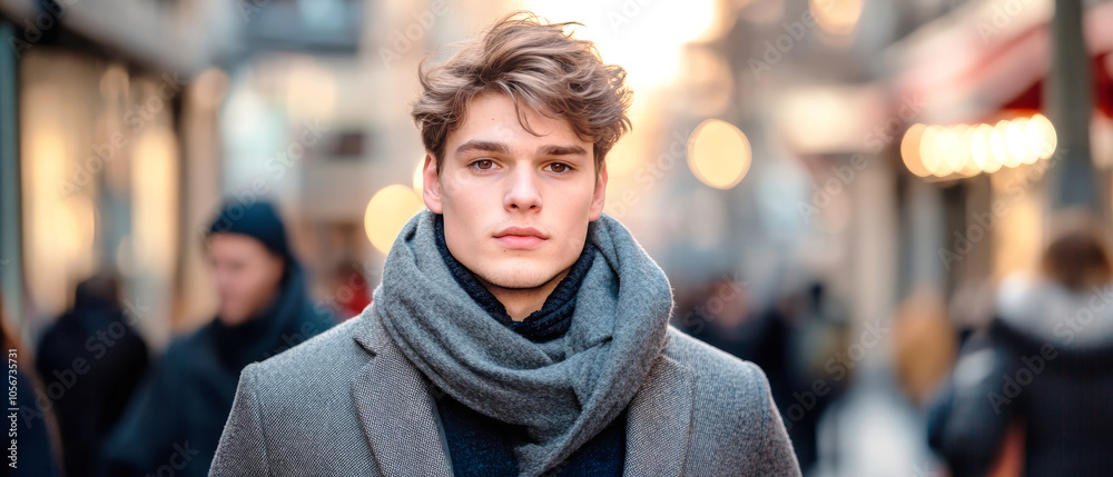 Fototapeta premium A young man in a stylish coat and scarf walks confidently down a city street, engaging the camera with a thoughtful expression amid a bustling urban backdrop