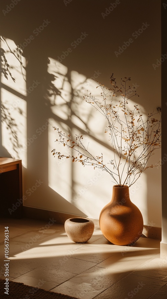 Terracotta Vase and Small Pot with Dried Branches in Sunlit Room. Terracotta Vase and Small Pot with Dried Branches in Sunlit Room.