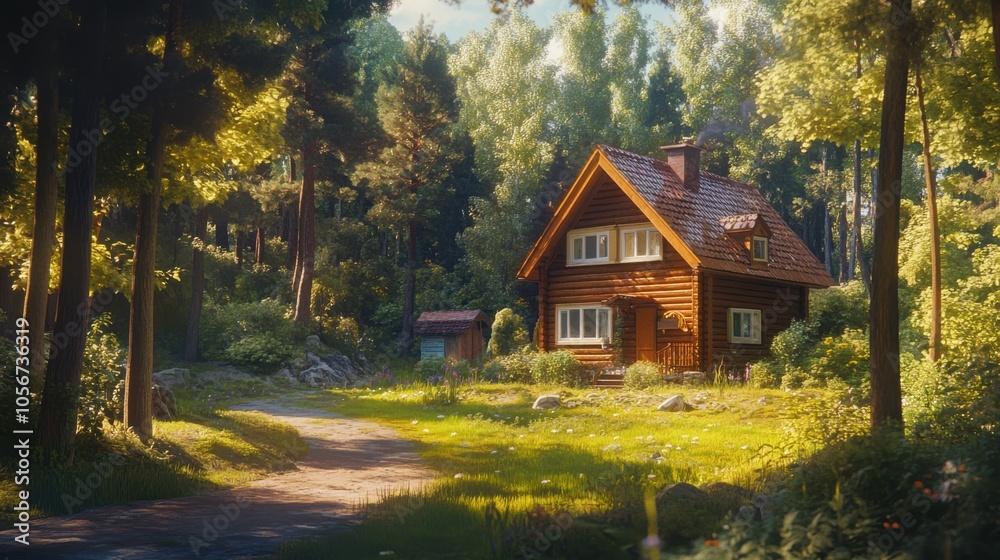A picturesque wooden house shaded by towering pines, A picturesque wooden house shaded by towering pines,