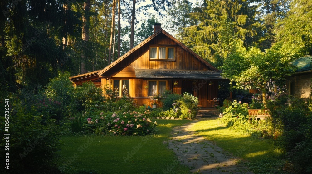 A picturesque wooden house shaded by towering pines, A picturesque wooden house shaded by towering pines,