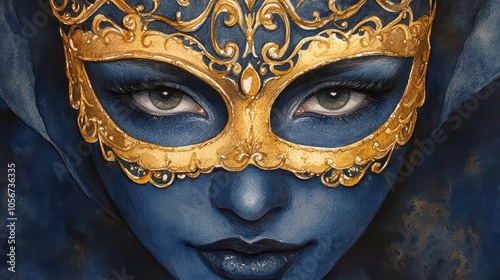 Stunning portrait of a masked figure with blue face paint and an ornate golden mask, exuding mystery and elegance. photo