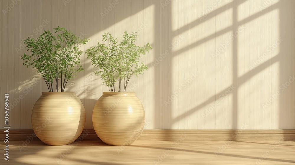 Large Wooden Vases with Greenery in Sunlit Minimalist Interior. Large Wooden Vases with Greenery in Sunlit Minimalist Interior.