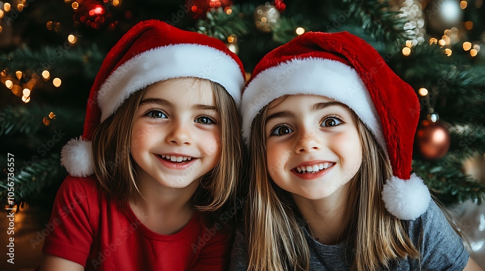 Two young siblings wearing matching Santa hats, playfully tickling each other in front of a beautifully decorated Christmas tree. Two young siblings wearing matching Santa hats, playfully tickling each other in front of a beautifully decorated Christmas tree.