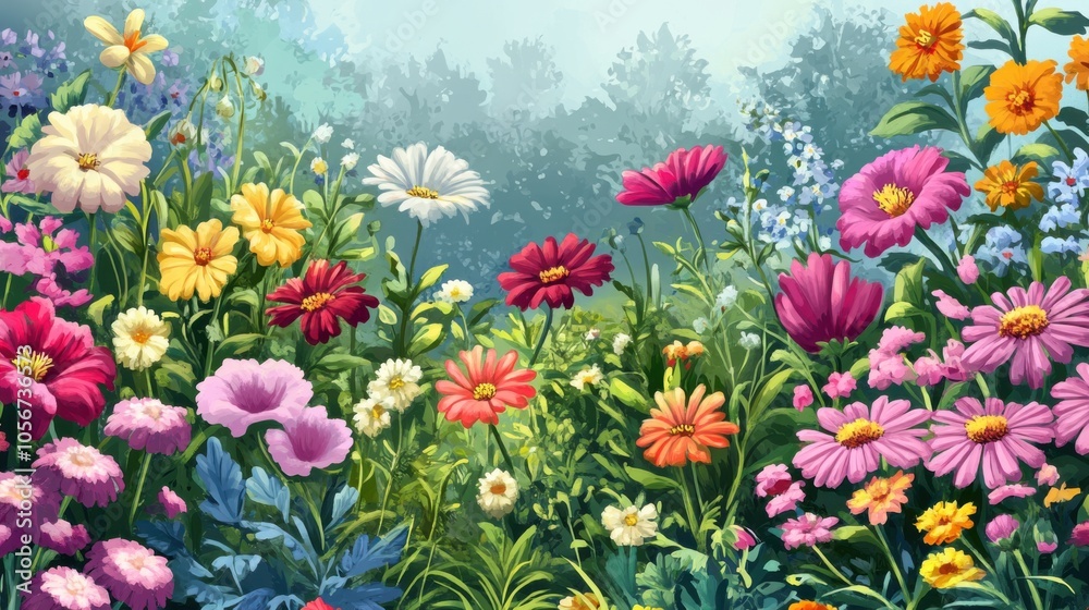 A PNG file showcasing a lively garden scene filled with colorful flowers, A PNG file showcasing a lively garden scene filled with colorful flowers,
