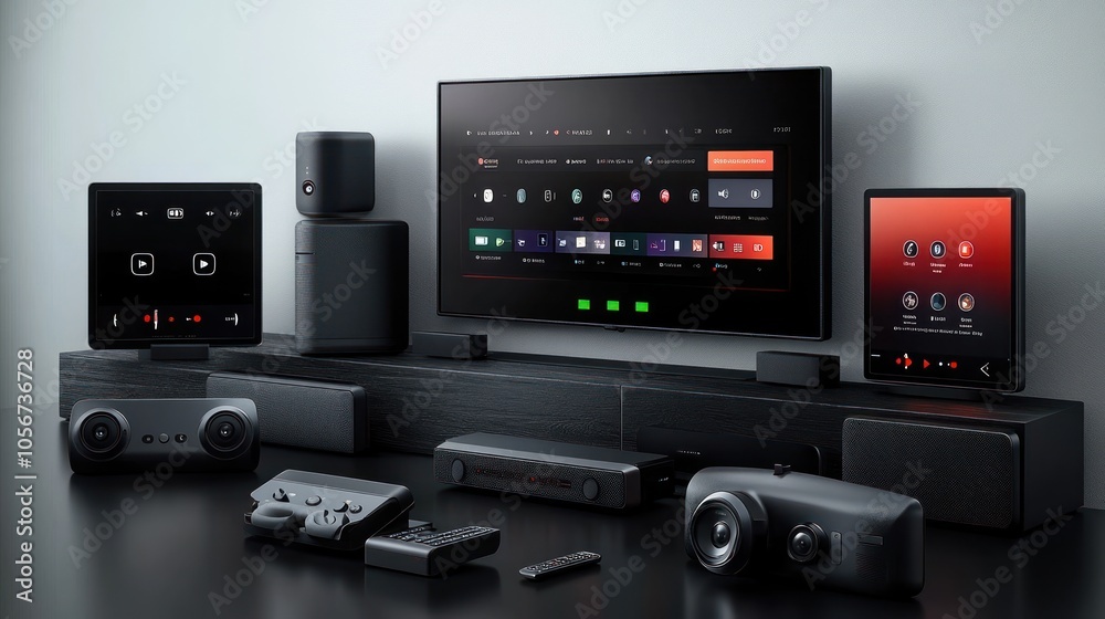 Modern entertainment setup featuring devices and a display screen. Modern entertainment setup featuring devices and a display screen.