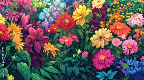 A PNG illustration of a beautiful garden filled with colorful flowers,