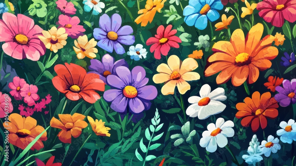 A PNG illustration of a garden bursting with colorful flowers,