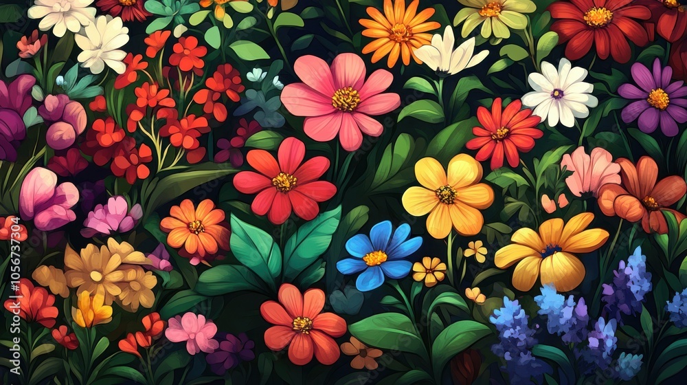 A PNG illustration of a vibrant garden filled with a variety of blooming A PNG illustration of a vibrant garden filled with a variety of blooming