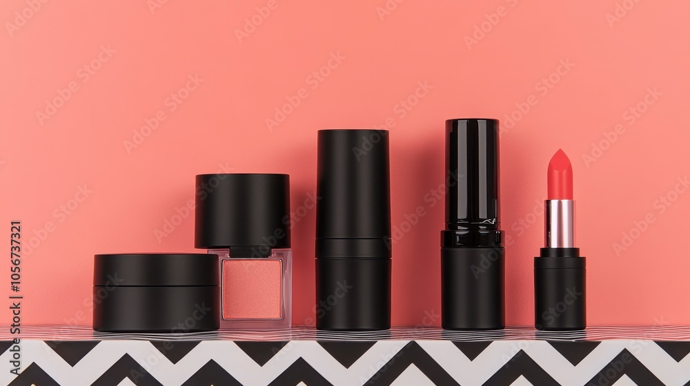 Stylish Arrangement of Cosmetic Products on Vibrant Background Stylish Arrangement of Cosmetic Products on Vibrant Background