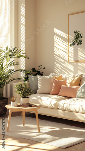 Cozy Nordic Living Room with Cream-Colored Sofa