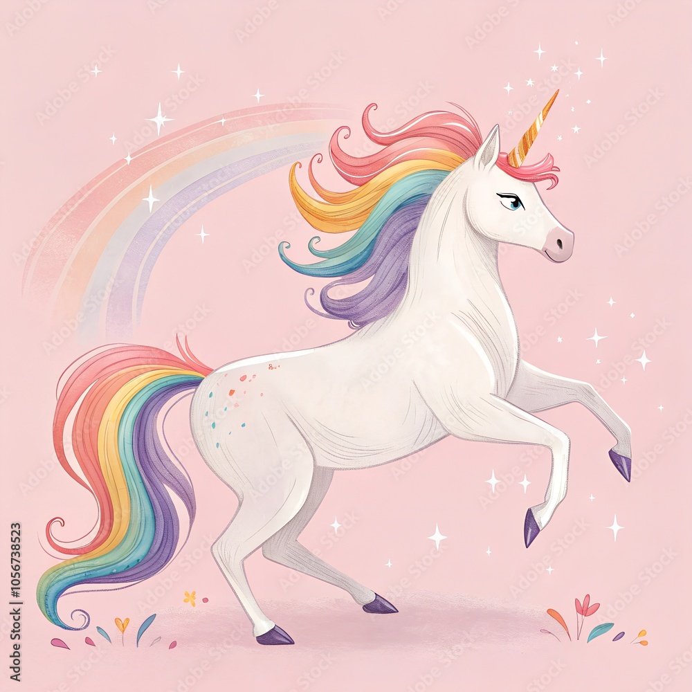 Majestic unicorn with rainbow mane prancing gracefully on a soft pink background Majestic unicorn with rainbow mane prancing gracefully on a soft pink background