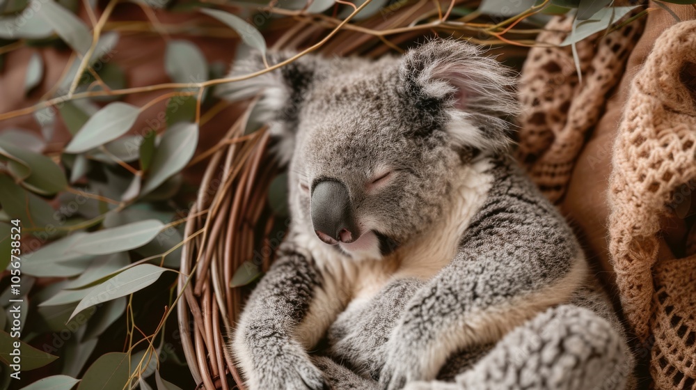 Obraz premium A baby koala is sleeping in a basket. The basket is covered in leaves and has a blanket on top