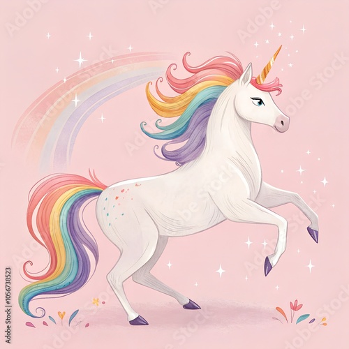 Majestic unicorn with rainbow mane prancing gracefully on a soft pink background