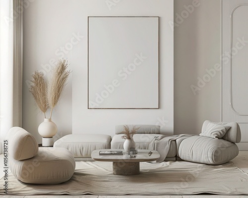 A minimalist living room with a large blank canvas. a coffee table. a rug. and a sofa