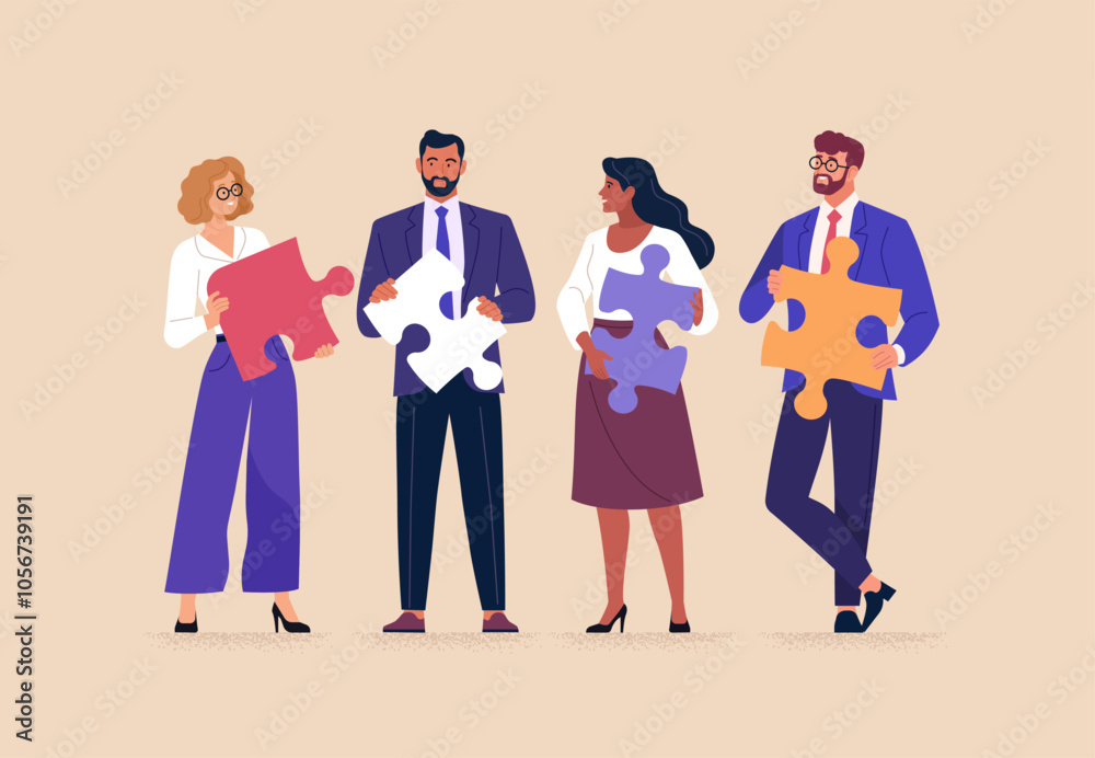 © nadzeya26 - Business Teamwork Concept. Vector illustration in a flat style of diverse smiling people standing at full height with puzzle pieces in their hands. Isolated on background. © nadzeya26 - Business Teamwork Concept. Vector illustration in a flat style of diverse smiling people standing at full height with puzzle pieces in their hands. Isolated on background.