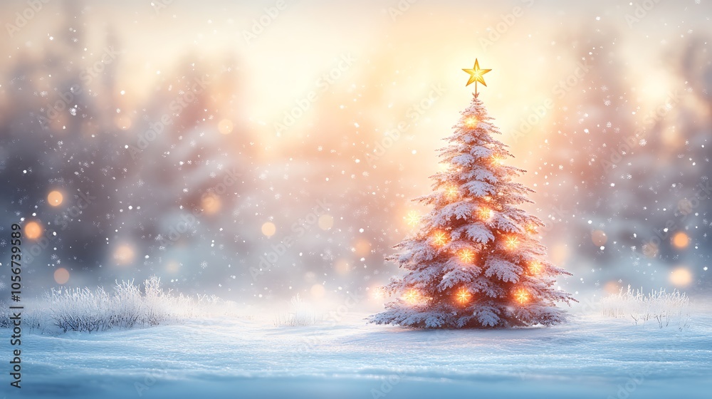 A serene winter scene featuring a majestic Christmas tree covered in glistening snow, with a golden star shining brightly on top against a backdrop of a snowy landscape. A serene winter scene featuring a majestic Christmas tree covered in glistening snow, with a golden star shining brightly on top against a backdrop of a snowy landscape.