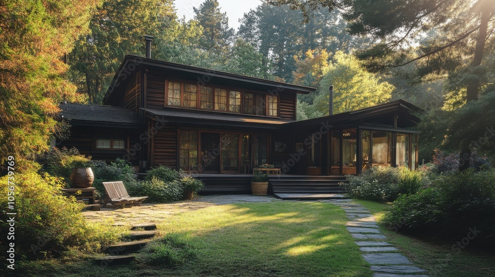 A serene wooden house under the canopy of pine trees, A serene wooden house under the canopy of pine trees,