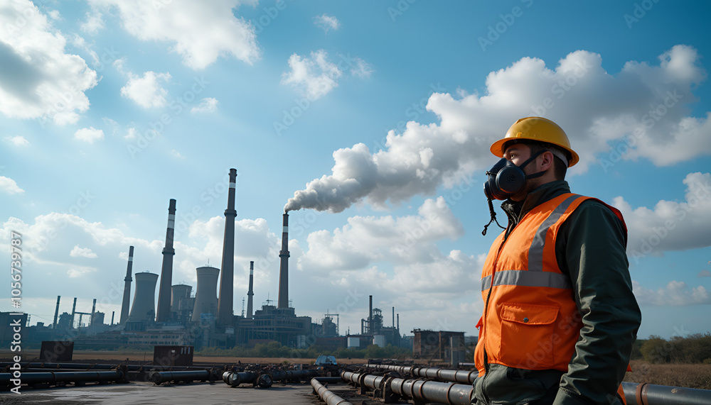 Industrial worker in protective gear observing smokestacks at a factory site highlighting pollution and carbon footprint