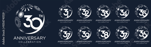 set of 30 to 39th anniversary logotype design, with white color fireworks for celebration event, wedding, and birthday, vector illustration