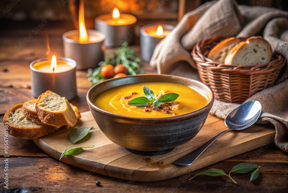 Pumpkin soup with herbs and candles on rustic table
Pumpkin soup with herbs and candles on rustic table