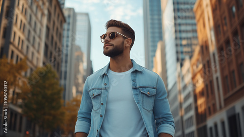 stylish man stands confidently in urban setting, wearing sunglasses and denim jacket. cityscape features modern buildings and autumn foliage, creating vibrant atmosphere.