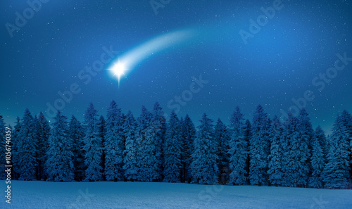Sternenhimmel über Winterwald mit Sternschnuppe am Himmel