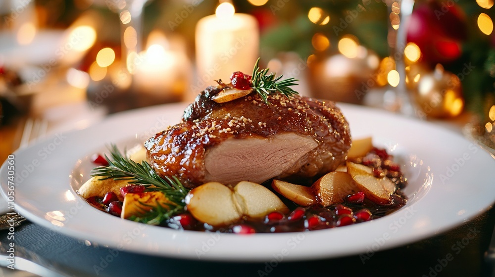 A gourmet presentation of baked duck, served with pomegranate sauce and caramelized apple slices, arranged beautifully on a sleek white plate. generative ai A gourmet presentation of baked duck, served with pomegranate sauce and caramelized apple slices, arranged beautifully on a sleek white plate. generative ai