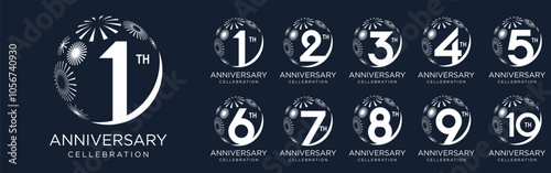 set of 1 to 10th anniversary logotype design, with white fireworks for celebration event, wedding, and birthday, vector illustration