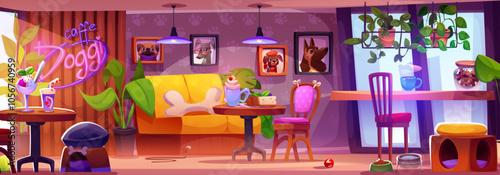 Dog cafe business. Table in pet restaurant cartoon illustration. Lunch with puppy in modern interior with bowl, counter and chair. Animal friendly dinner place with dessert meal and picture in frame